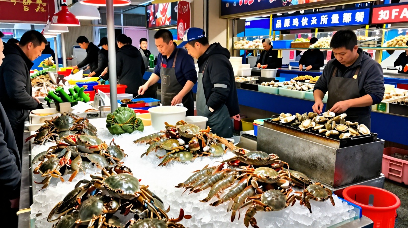 Bustling seafood market in Dalian with piles of fresh crabs and shrimp and locals grilling food at outdoor stalls