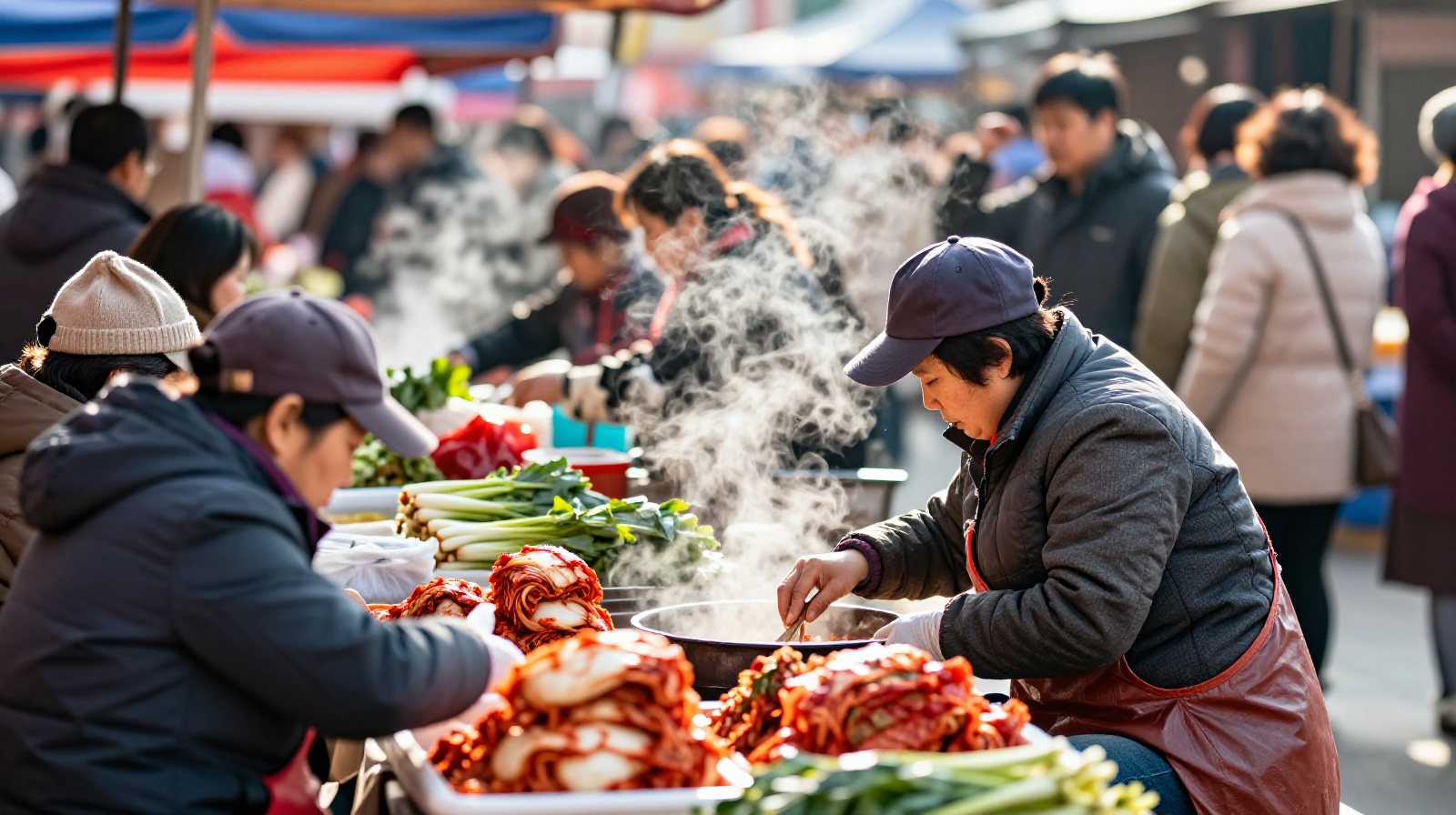 Vendors preparing traditional Korean dishes like kimchi at a busy morning market stall in Yanji, Jilin Province