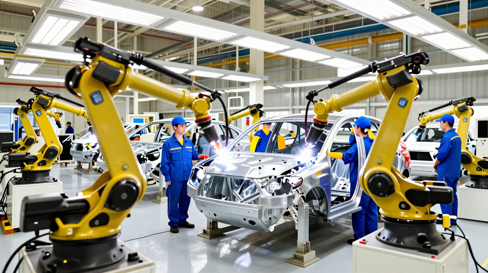Robotic arms assembling electric vehicles at the First Automobile Works factory in Changchun, Jilin