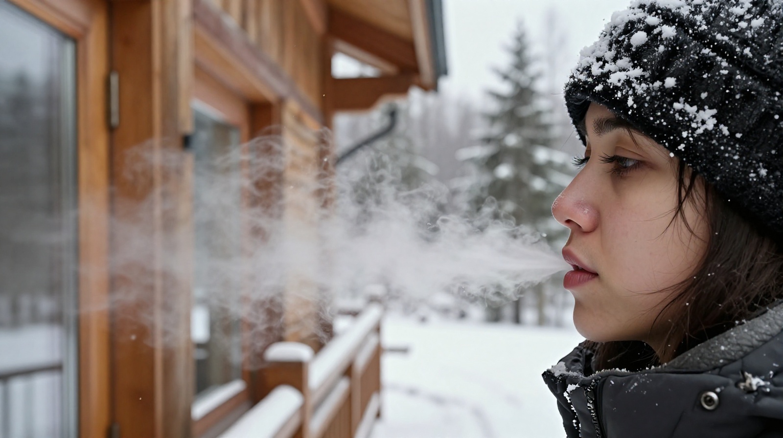 A close-up view of a traveler's breath freezing in mid-air at Changbai Mountain during a cold winter morning, with snow-covered trees in the background.