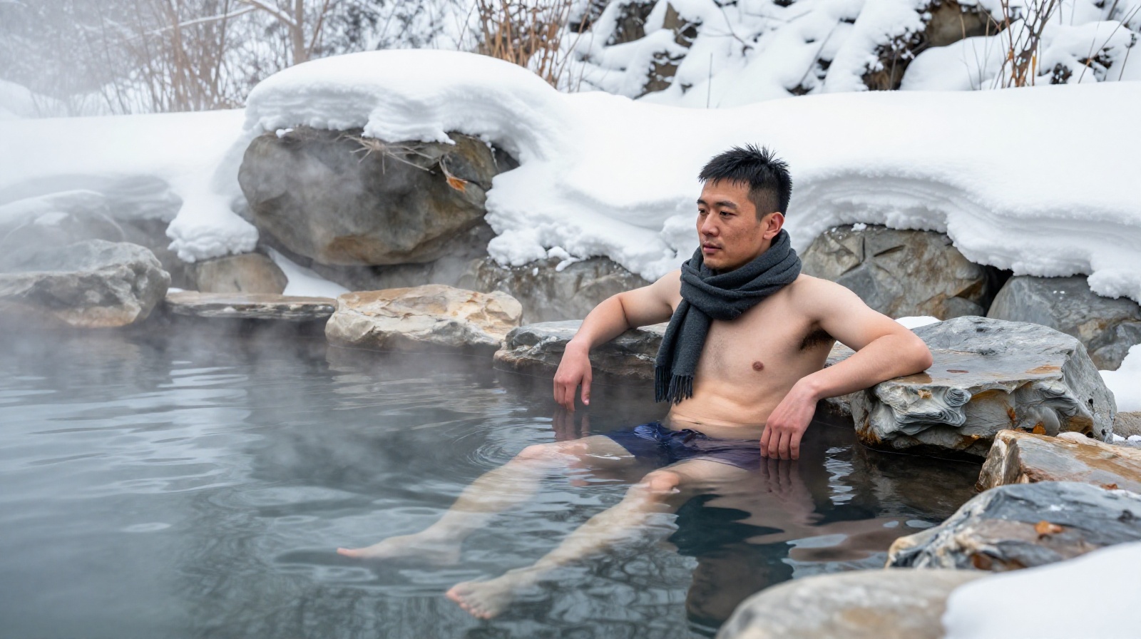 A local guide relaxing in a volcanic hot spring on Changbai Mountain while snow falls around him, highlighting the contrast between freezing air and warm water.