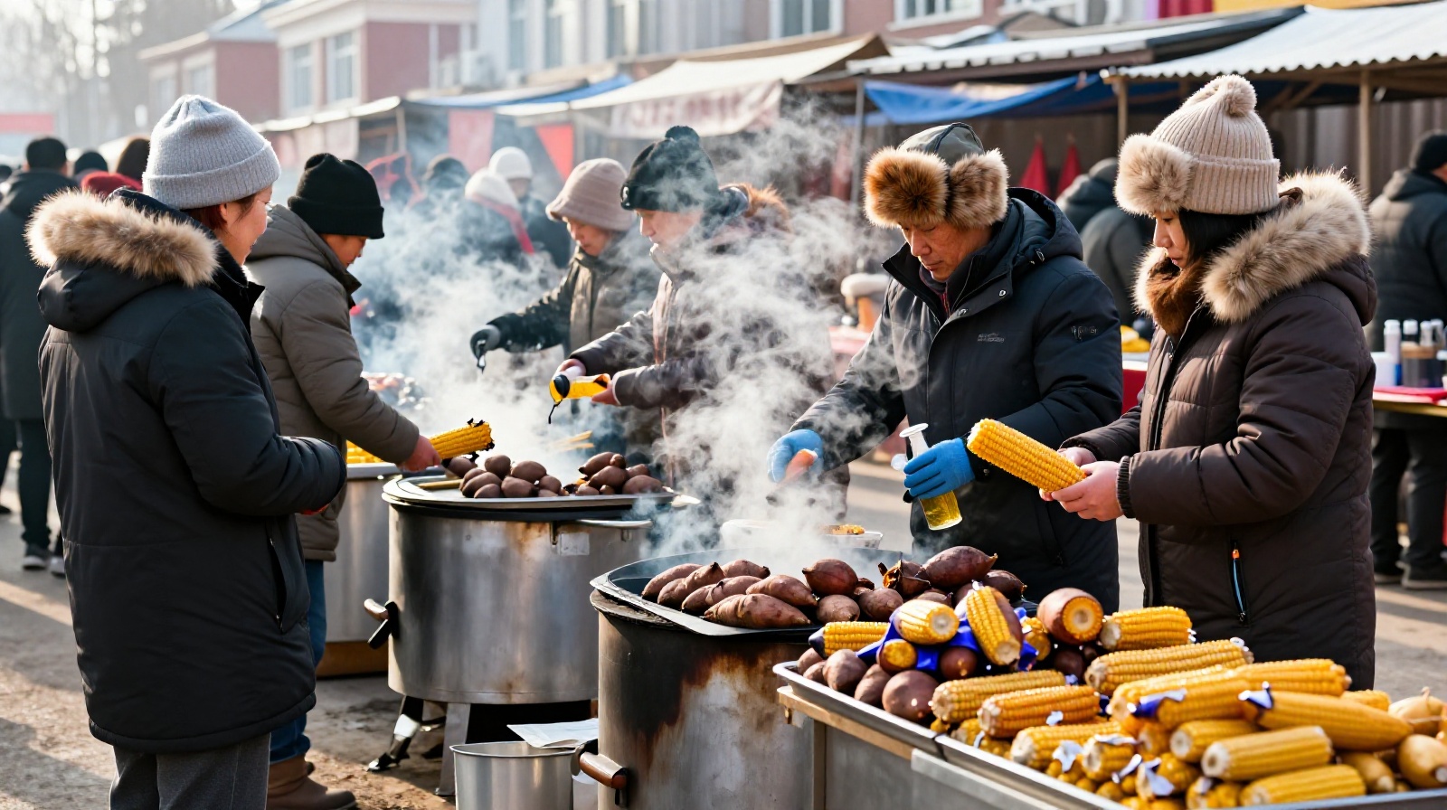 Winter street vendors in Changbai Mountain's Erdaobaihe Town selling hot roasted sweet potatoes and corn to locals and tourists.