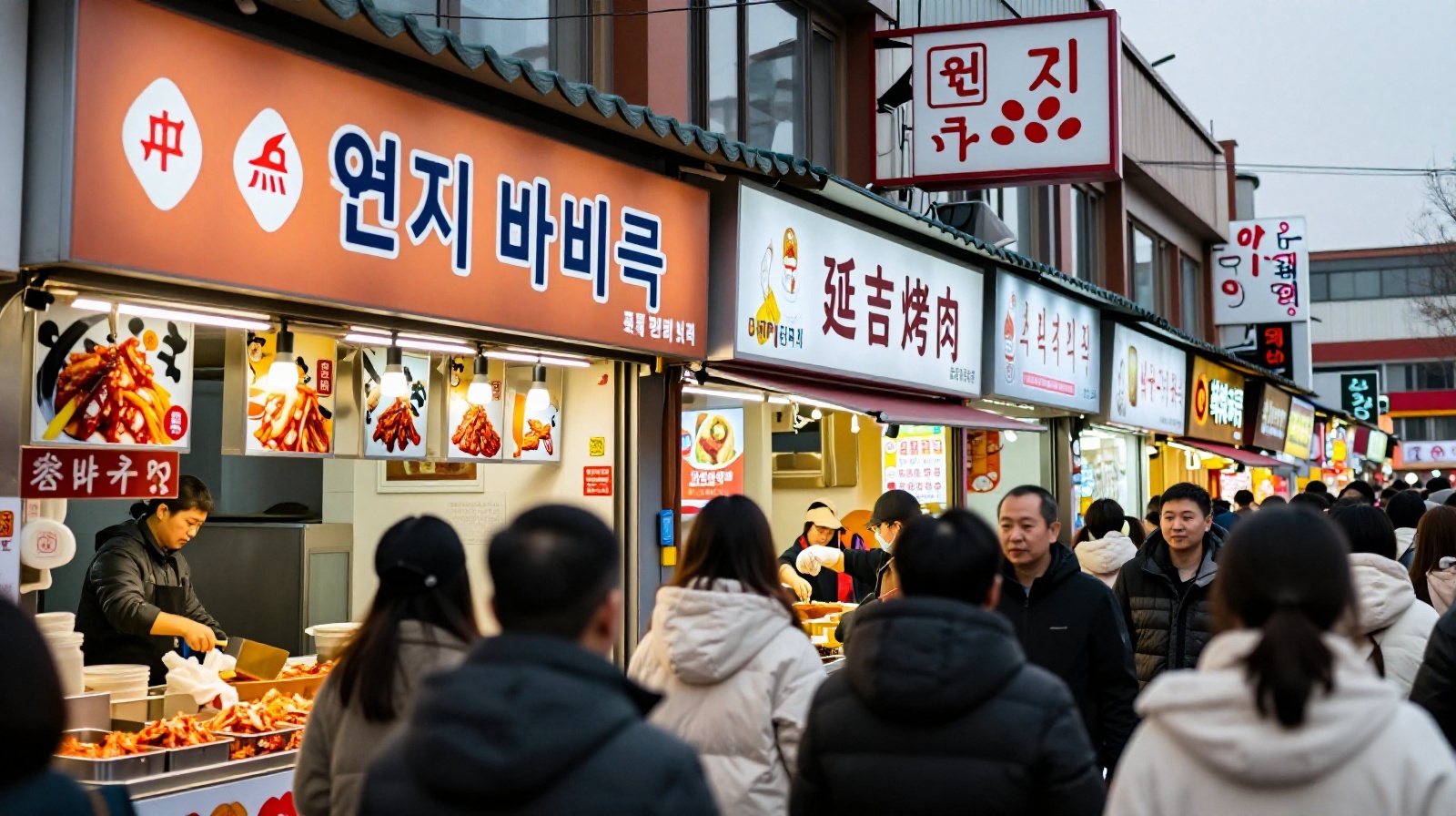 A busy street scene in Yanji, China featuring bilingual Chinese-Korean shop signs above a market with people shopping for food and clothes