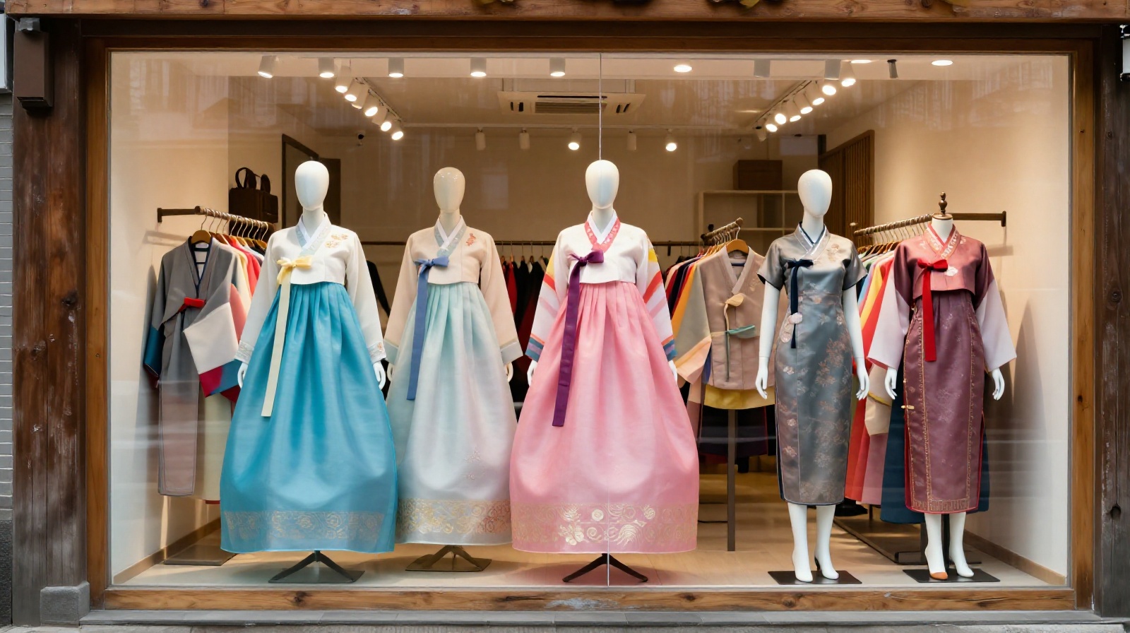 A shop window in Yanji displaying mixed fashion including Hanbok-inspired dresses and Chinese Qipao