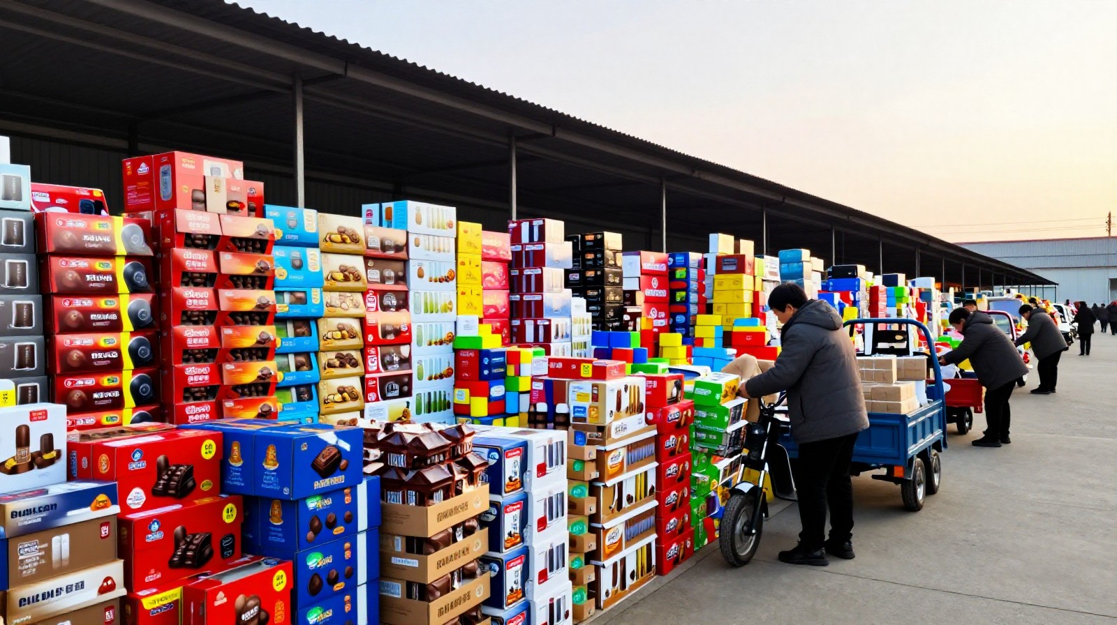 Early morning activity at a border trade market in Yanji featuring stacks of international goods