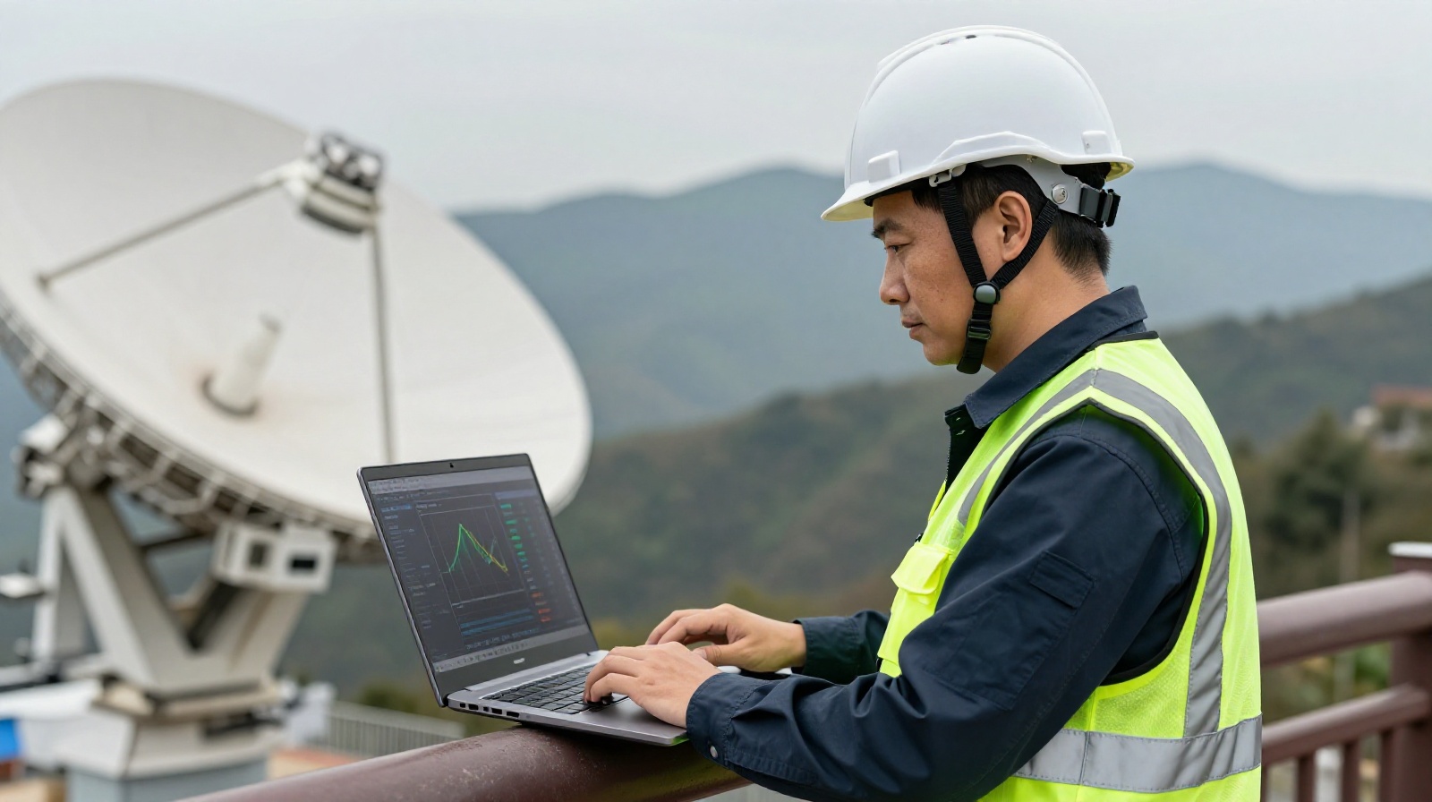 A senior engineer checking radio wave data on a laptop at the FAST telescope site