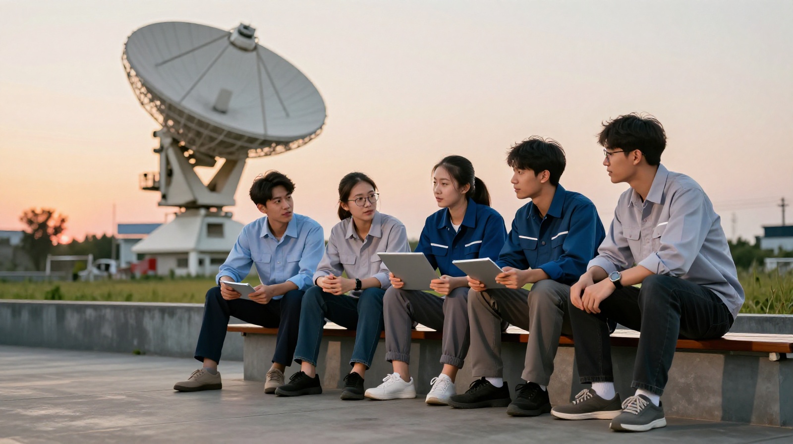 Young Chinese engineers taking a break and discussing their work at the FAST telescope site during sunset