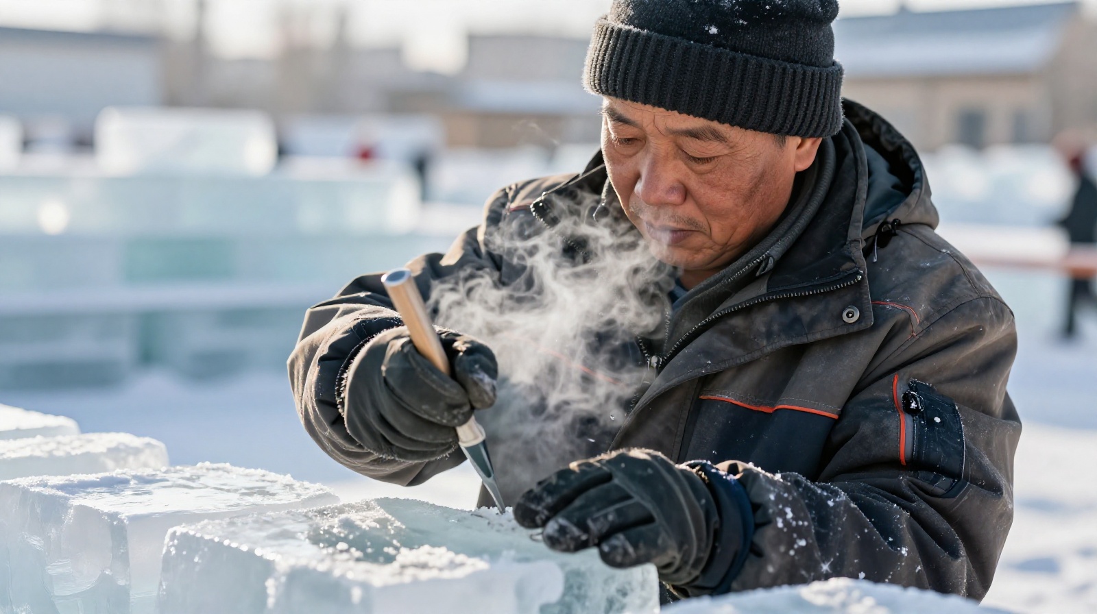 A Chinese ice carver working on large ice blocks during the Harbin Ice Festival construction in freezing temperatures