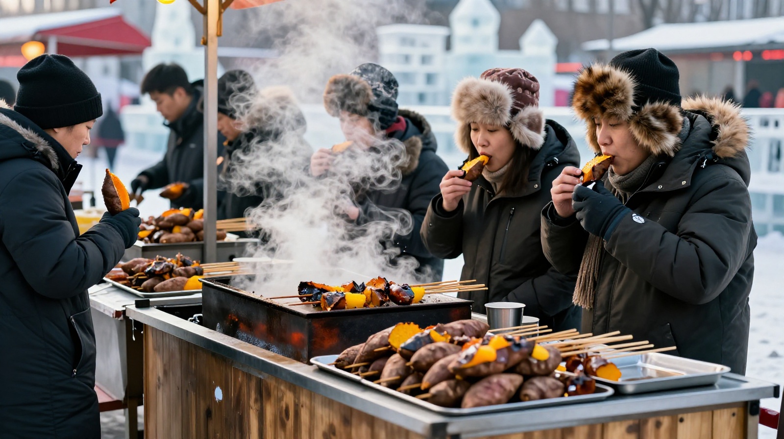 Tourists enjoying hot street food like roasted sweet potatoes at the Harbin Ice Festival to stay warm