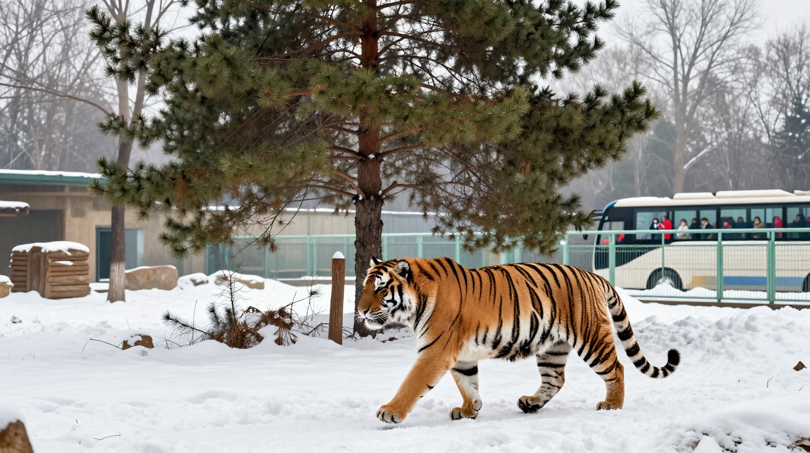 A wild Siberian tiger roaming freely in its snowy habitat at the Northeast Tiger Park near Harbin
