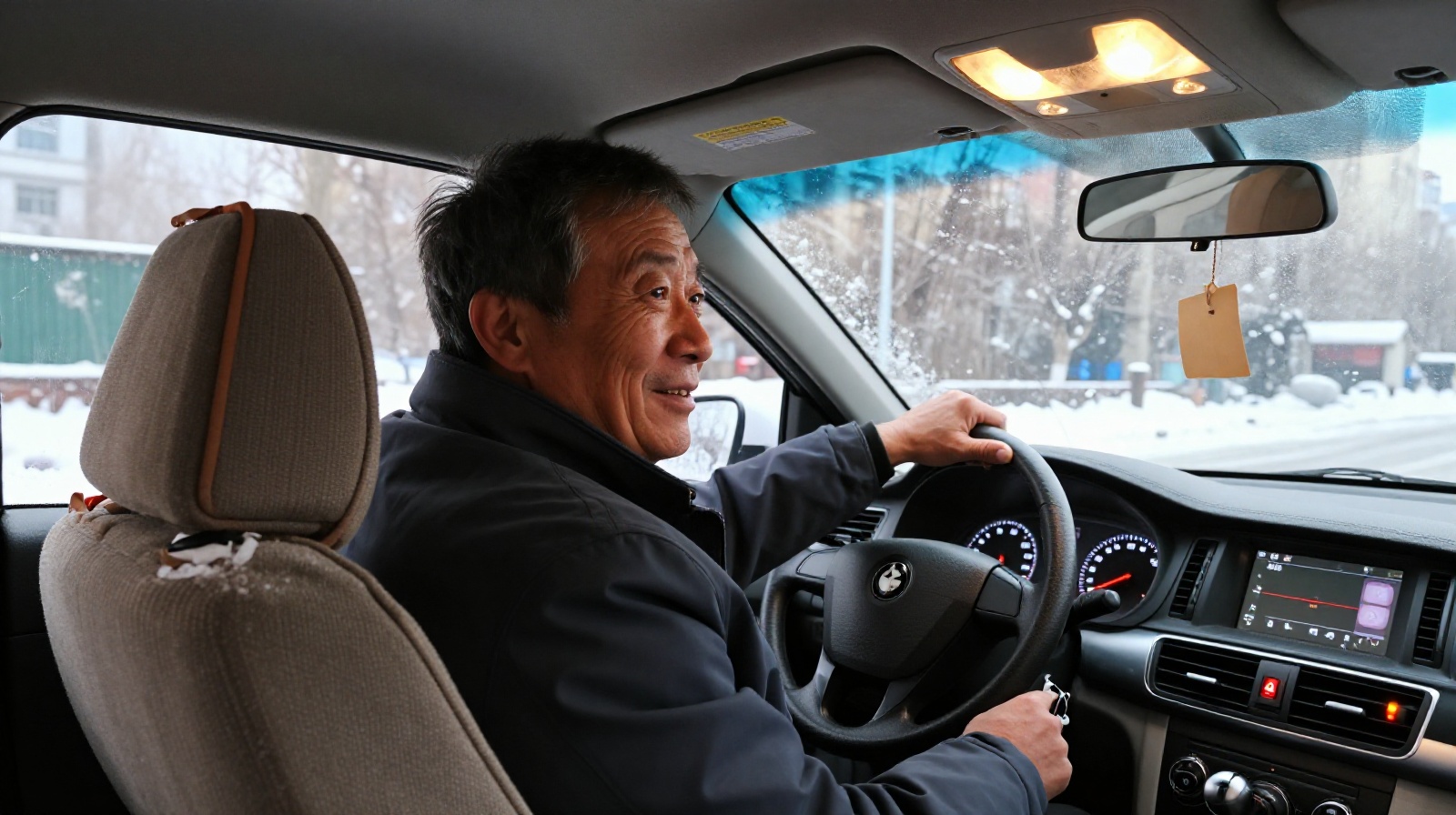 A local taxi driver sharing his experience about navigating the icy streets of Harbin during winter