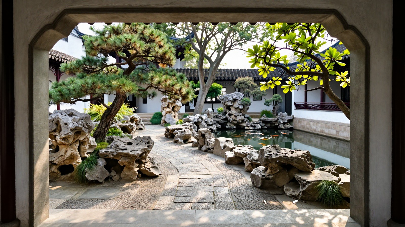 Inside the Humble Administrator's Garden showing traditional landscaping, stone paths, and water features