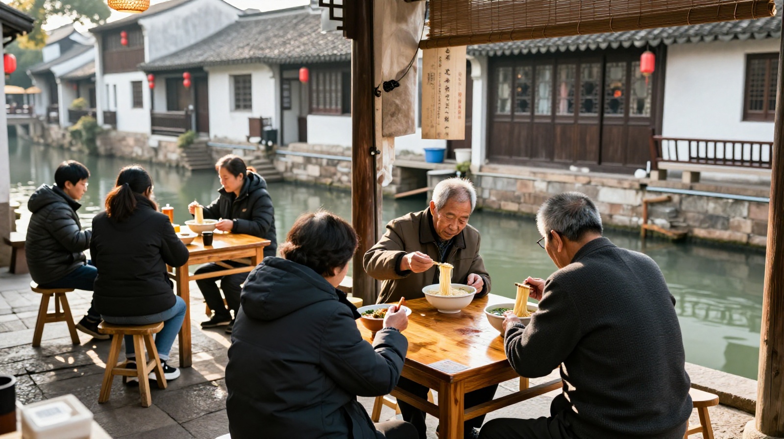 Local residents running a traditional noodle shop for tourists in a Suzhou water town courtyard