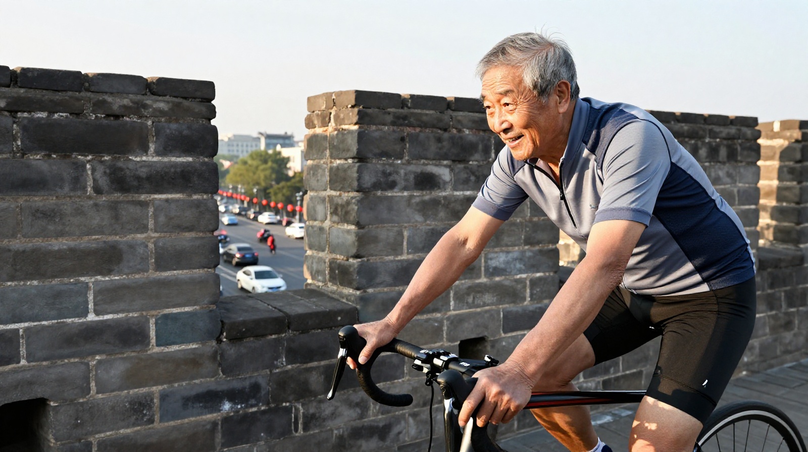 An elderly local cyclist on top of the ancient Ming Dynasty City Wall in Nanjing overlooking the modern city below at sunrise