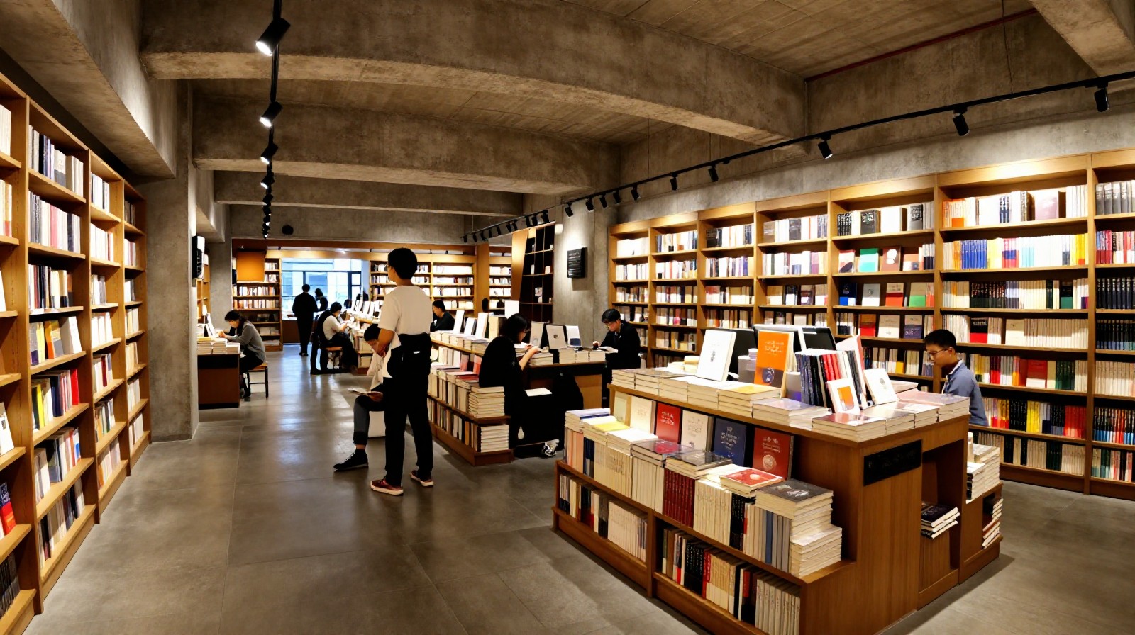Young students and designers relaxing inside an atmospheric underground indie bookstore in Nanjing