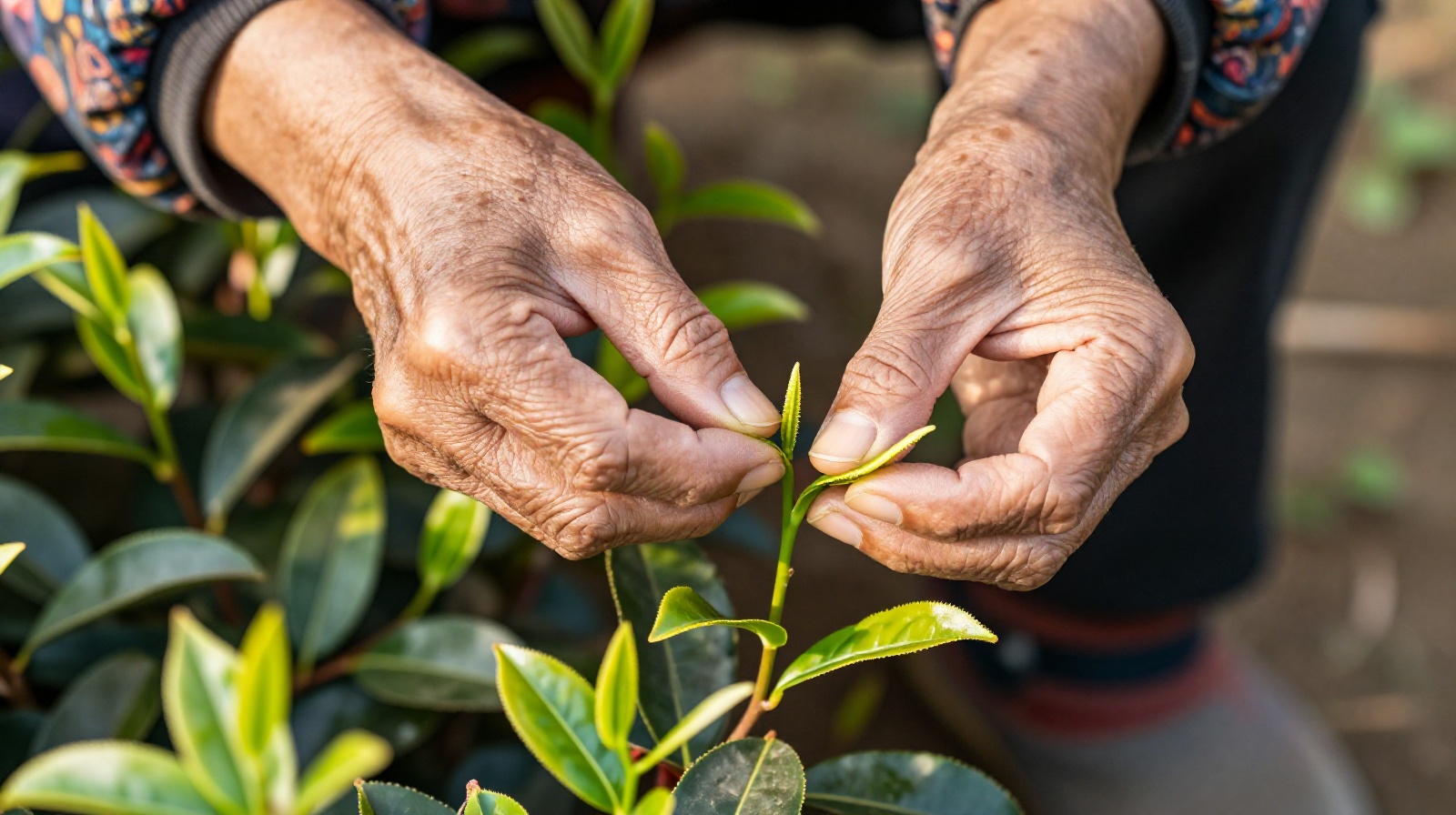 A close-up view of a local farmer harvesting fresh tea leaves at dawn in Longjing Village, Hangzhou.