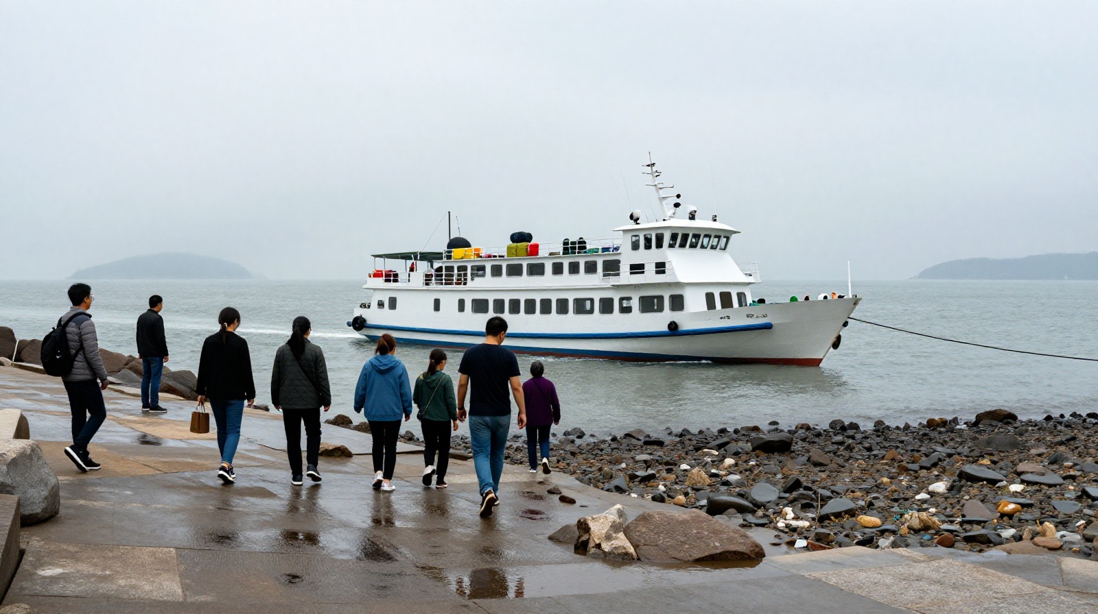 A high-speed ferry docked at a quiet stone pier in Shengsi Islands with gray seas in the background