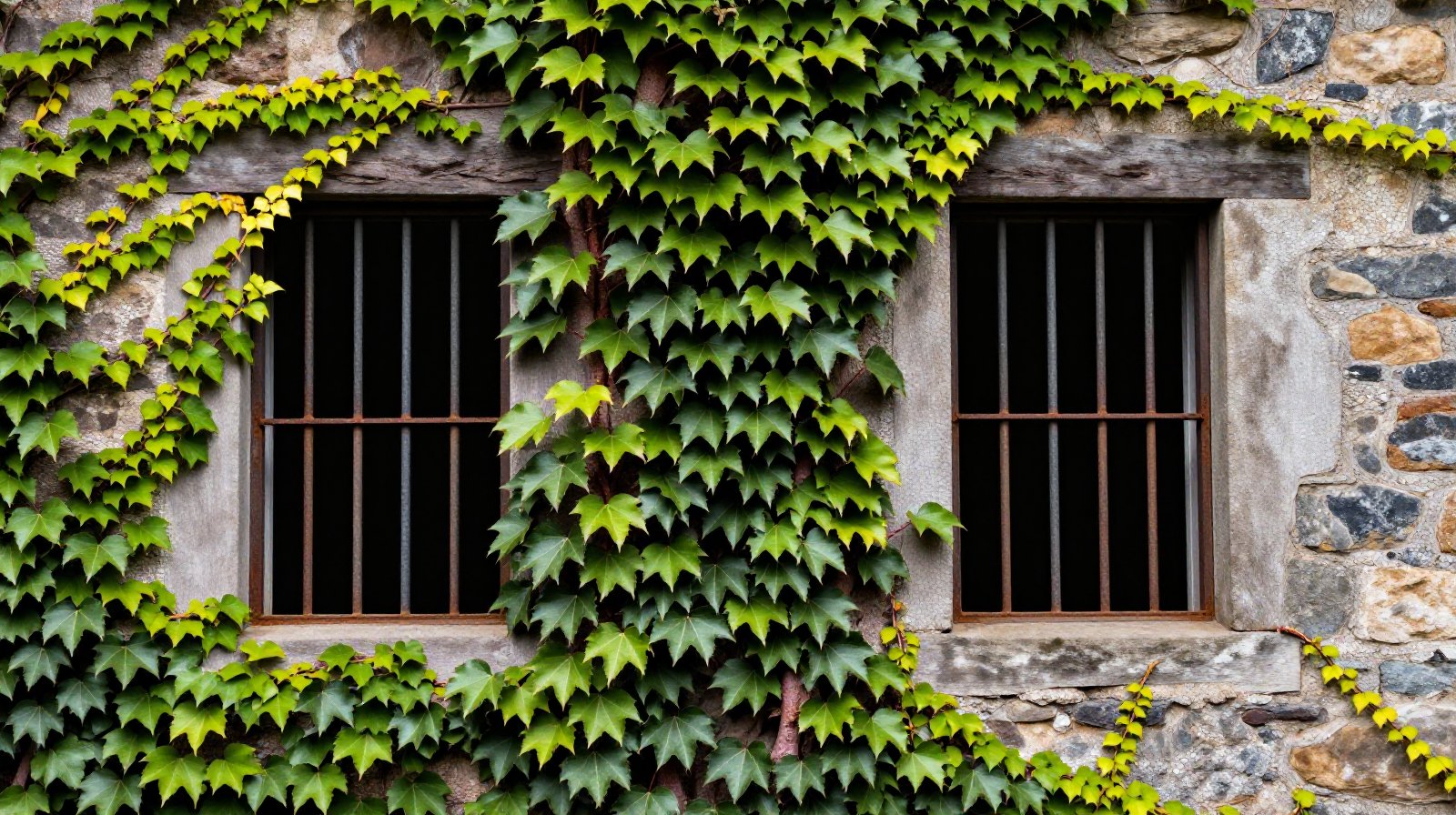 Ivy-covered stone walls of an abandoned fishing village house showing signs of decay