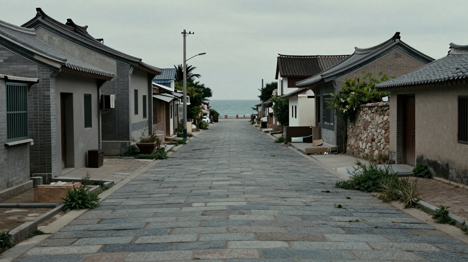 A silent, empty street in the abandoned Shengsi fishing village with cracked stone paths