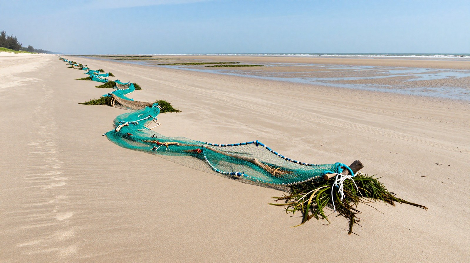 Low tide revealing old fishing nets buried in the sand on a quiet Chinese island beach