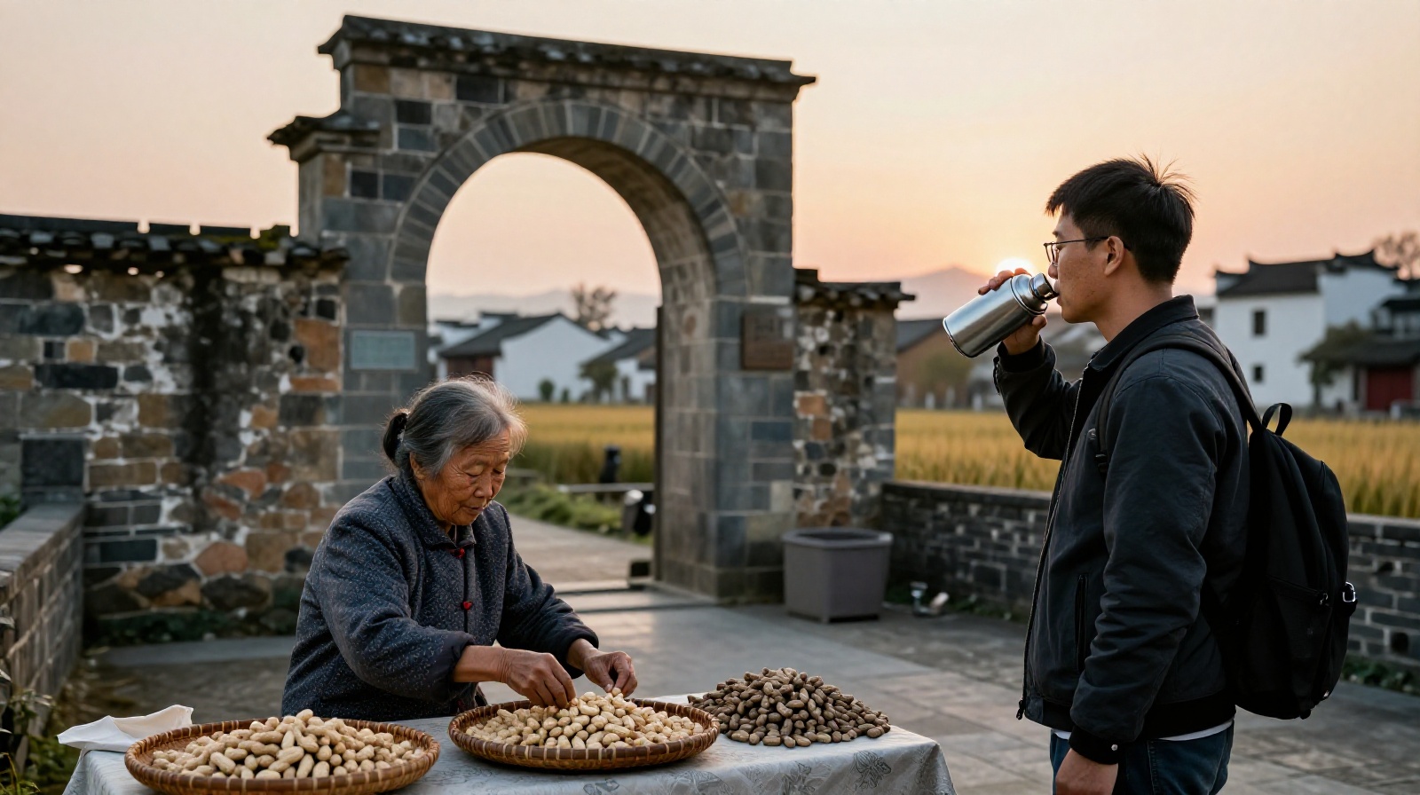 An elderly local vendor selling boiled peanuts to travelers under an ancient stone archway at sunset