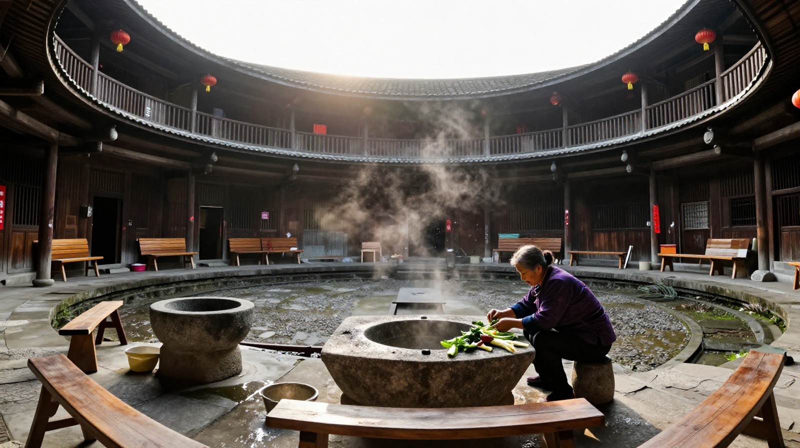 Interior of a 300-year-old Hakka Tulou courtyard at dawn with sunlight hitting stone basins and an elderly woman preparing vegetables