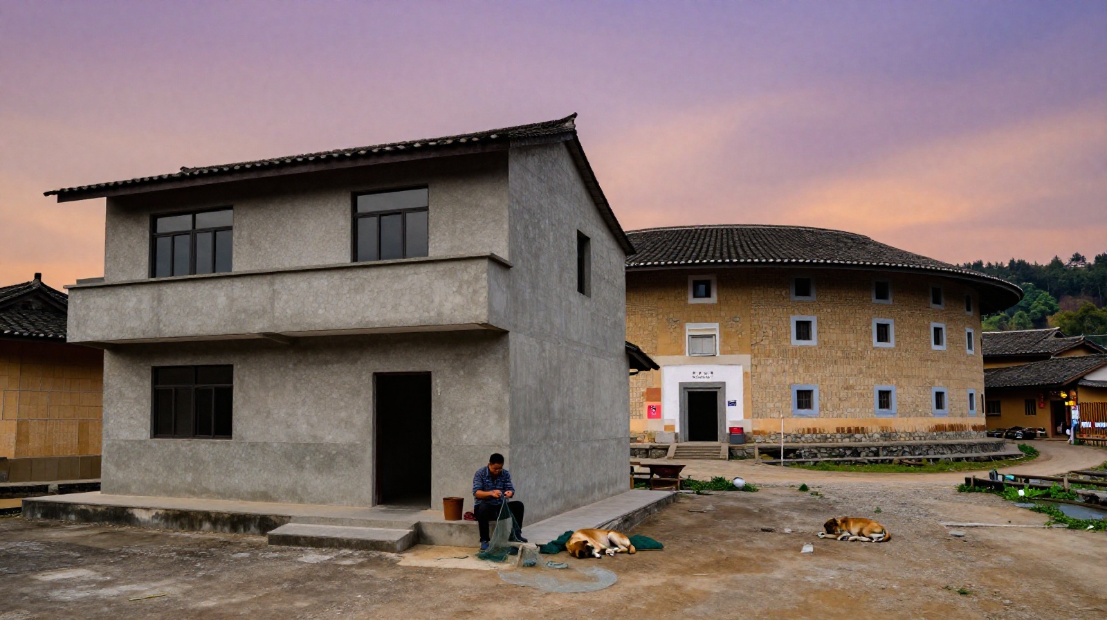 Contrast between traditional Hakka Tulou and modern concrete homes in a quiet rural village at sunset