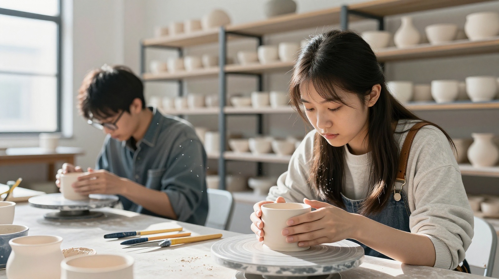 Young ceramic artists collaborating in a bright studio workspace in Jingdezhen, mixing clay and glazing pottery