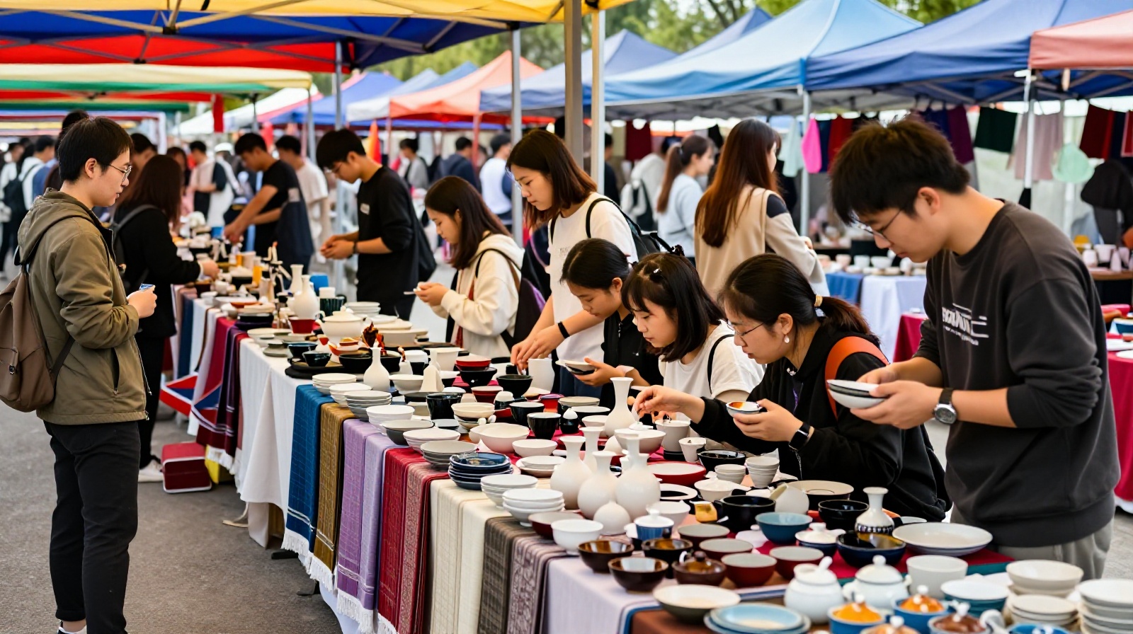 Vibrant outdoor weekend market in Jingdezhen where independent artisans sell handmade ceramics to local and international buyers