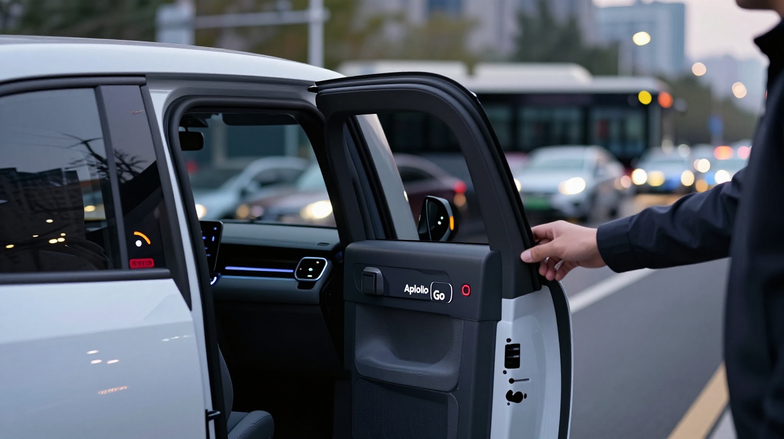 Passenger approaching an automatic open door of a white autonomous taxi on a Beijing street at dusk