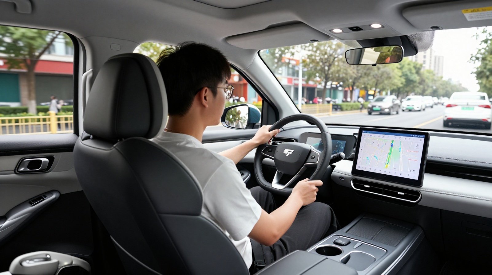 Empty driver's seat inside an autonomous vehicle with a passenger observing the city street outside