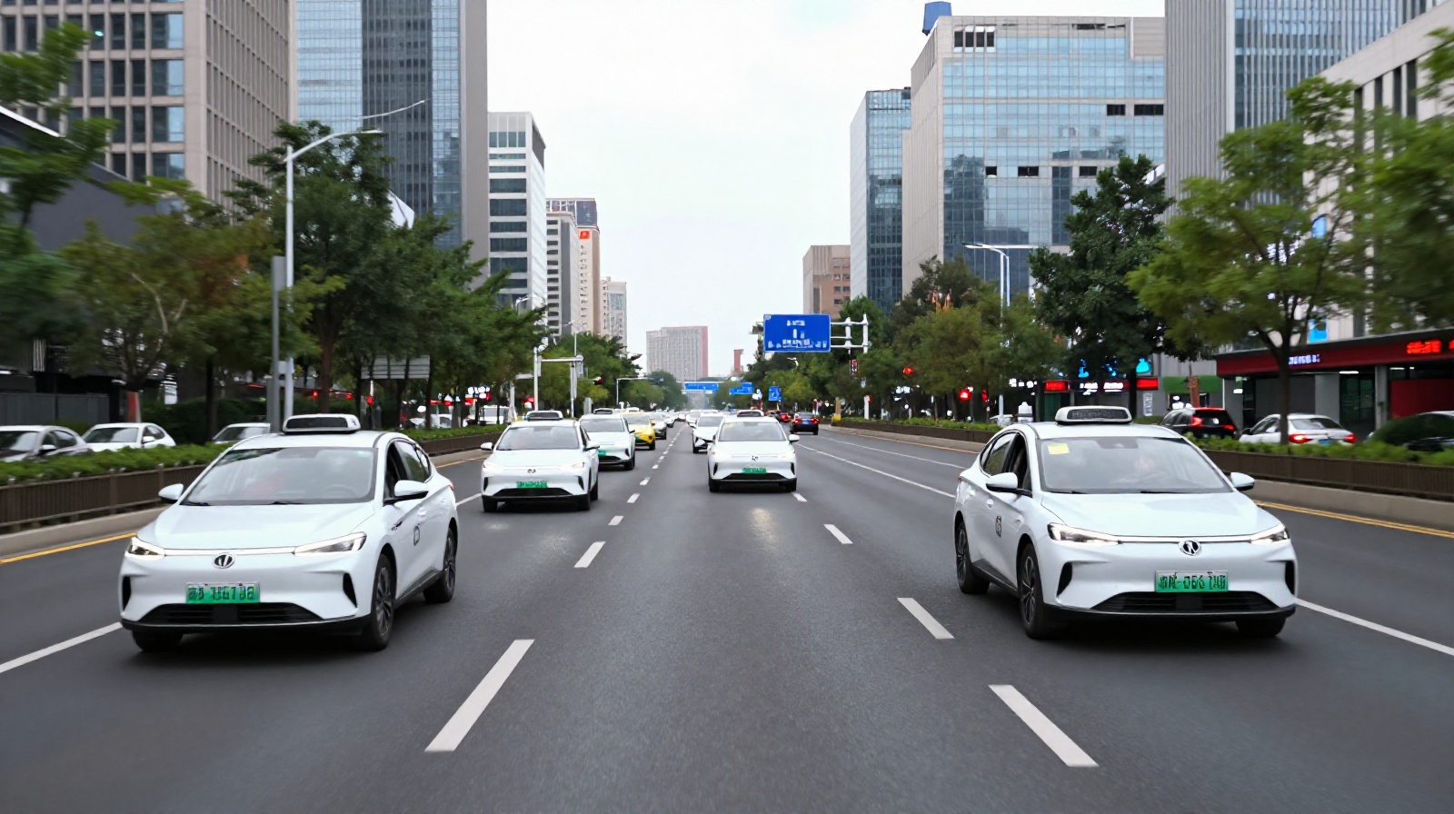 Fleet of autonomous robotaxis moving along a major road in Beijing with skyscrapers in the distance