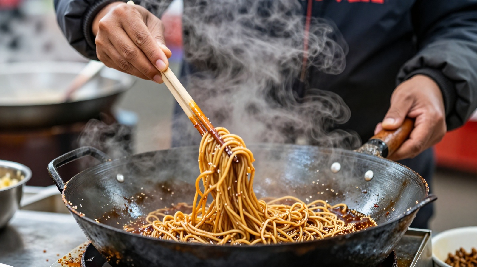 A street vendor in Wuhan tossing hot dry noodles in a wok filled with sesame sauce at dawn