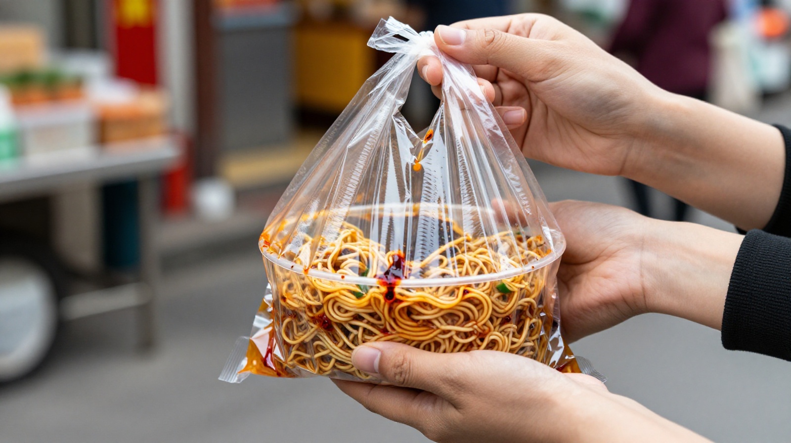 A plastic bag of Wuhan Hot Dry Noodles ready for a commuter to eat standing up