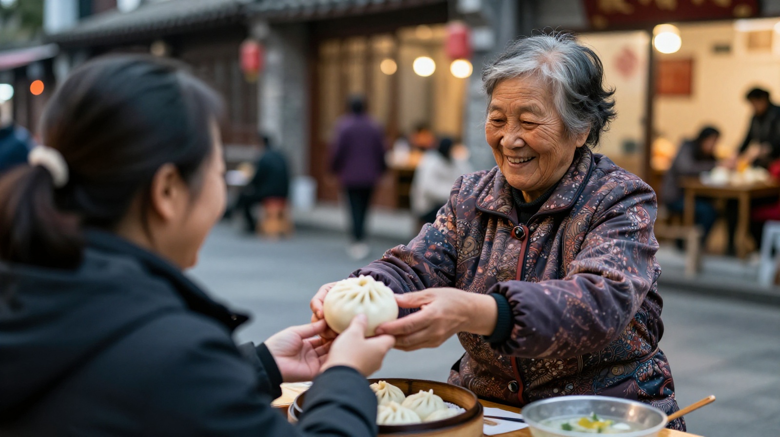A friendly conversation between a long-time street food vendor and her regular customer in Wuhan