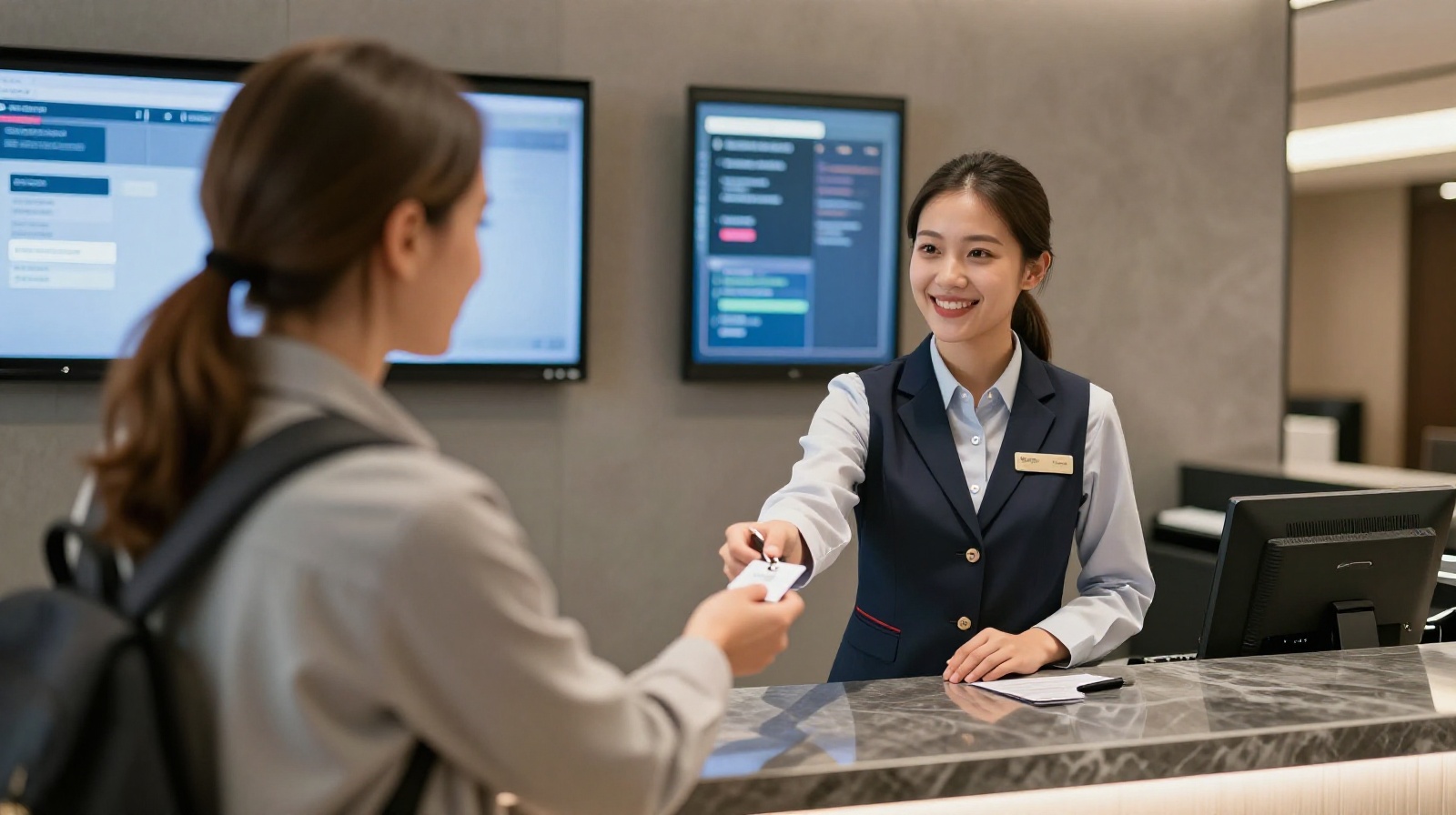 Hotel staff assisting an international guest in a tech-enabled lobby, highlighting the balance between automation and personal service