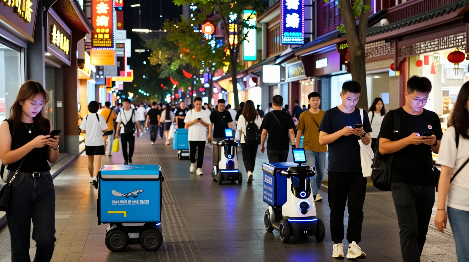 Nighttime city life in China showing seamless integration of technology, mobile payments, and autonomous delivery robots