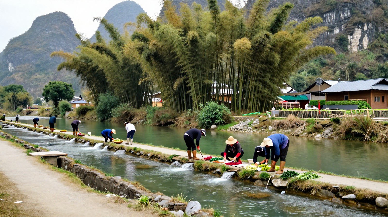 Farmers and locals along the banks of the Yulong River engaging in daily agricultural work, surrounded by lush vegetation and towering karst mountains