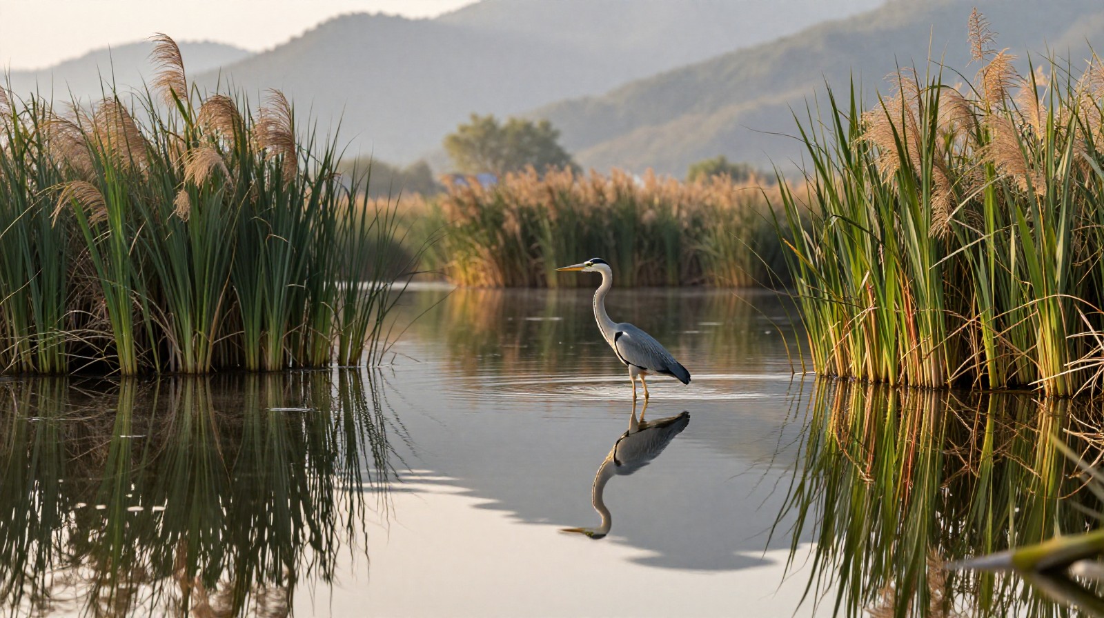A white heron standing in the clear waters of the Yulong River surrounded by bamboo reeds, reflecting the tranquility of the karst landscape