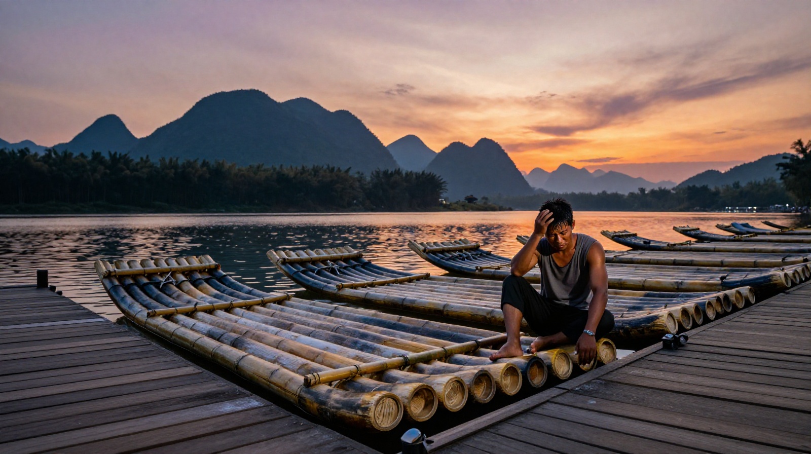 A local boatman resting on a wooden dock after a day of work on the Yulong River, with mountain silhouettes under a colorful sunset