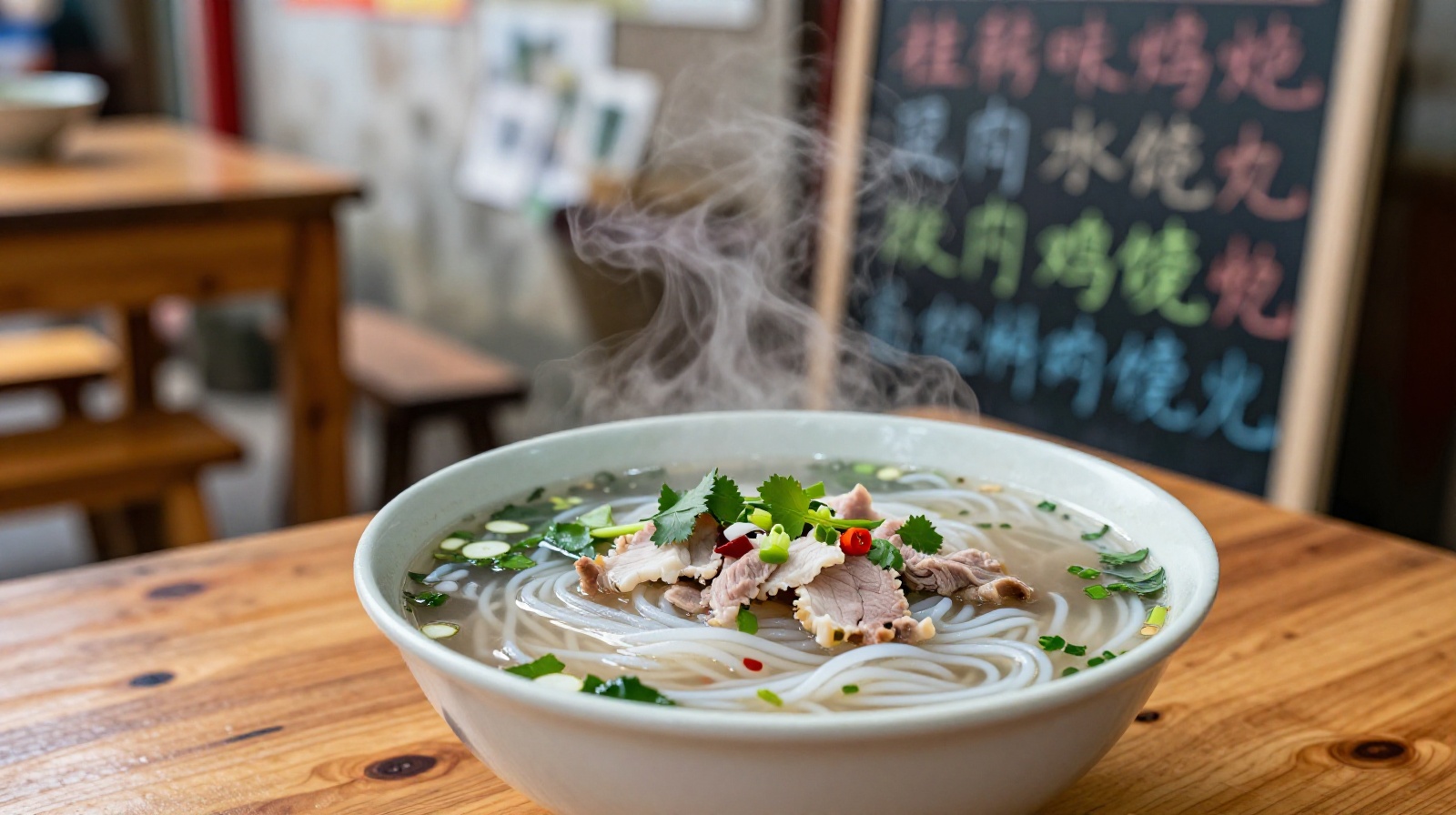A steaming bowl of rice noodles on a wooden table in a small border town eatery near Detian Waterfall, with a handwritten bilingual menu in the background.