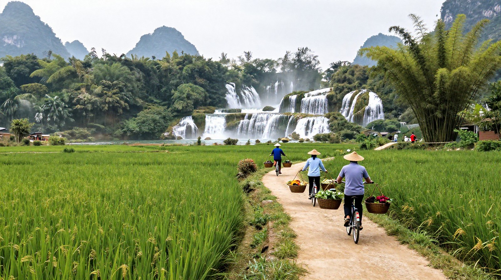 Hikers and locals on bicycles walking along a rural trail through rice paddies with the distant view of Detian Waterfall in Guangxi, China.