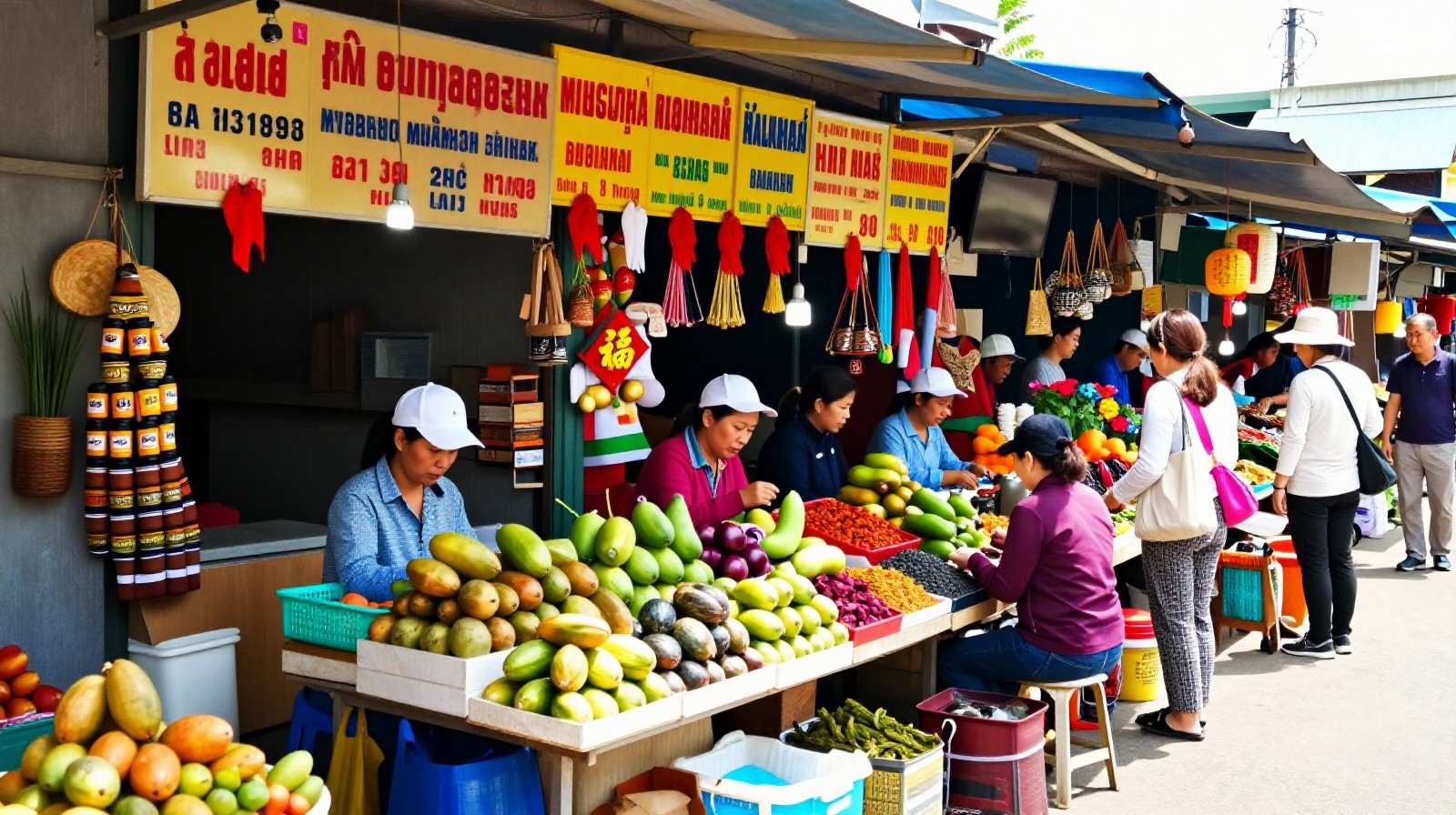Vendors at a cross-border market near Detian Waterfall selling fresh fruit and local crafts to tourists and locals.