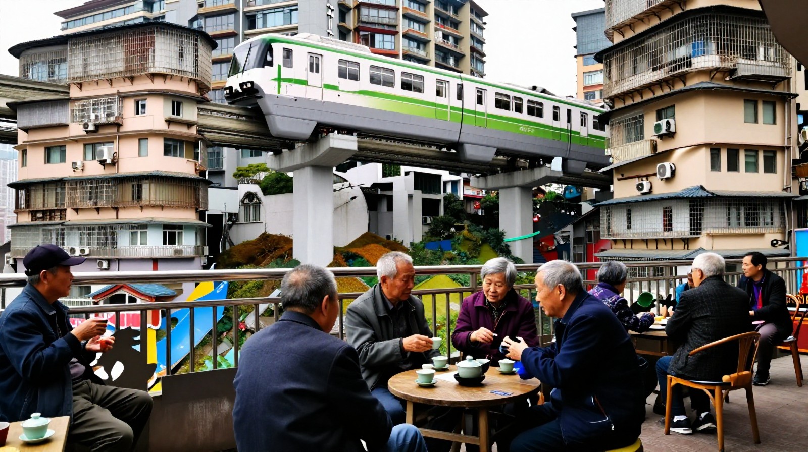 Elderly residents relaxing on a balcony in Chongqing as a light rail train passes by, showing everyday life amidst modern transport.