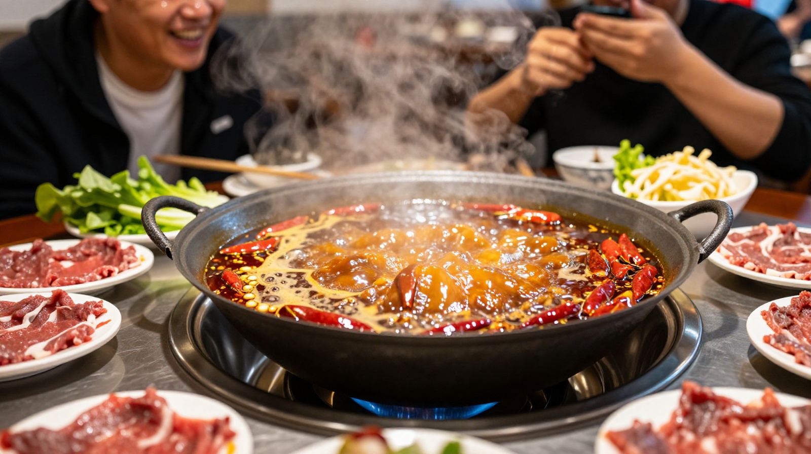 Bubbling red Sichuan hot pot with raw ingredients and sweating locals dining in a busy restaurant