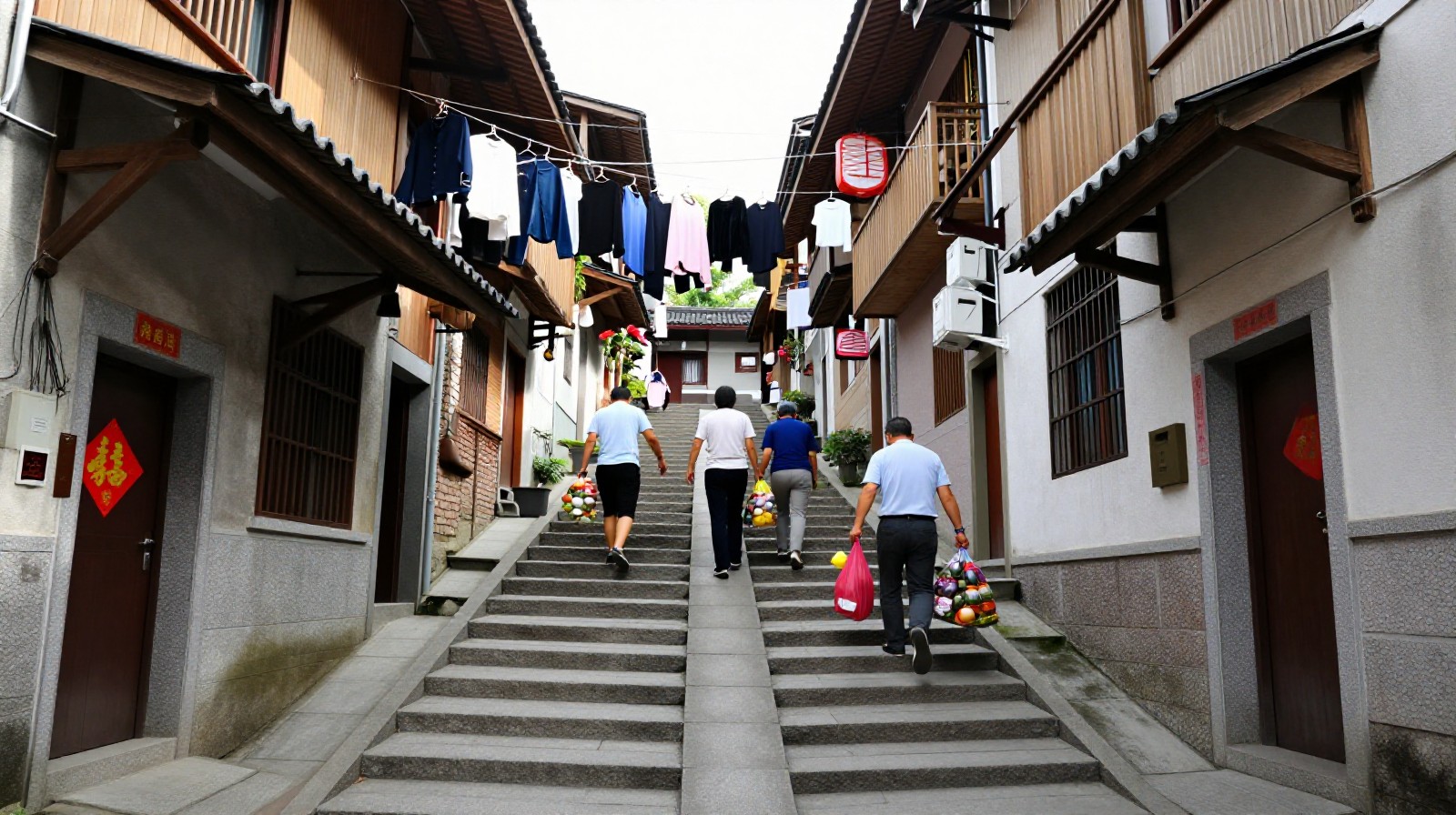 Steep narrow alleyway with laundry hanging overhead and locals climbing stone steps in Chongqing