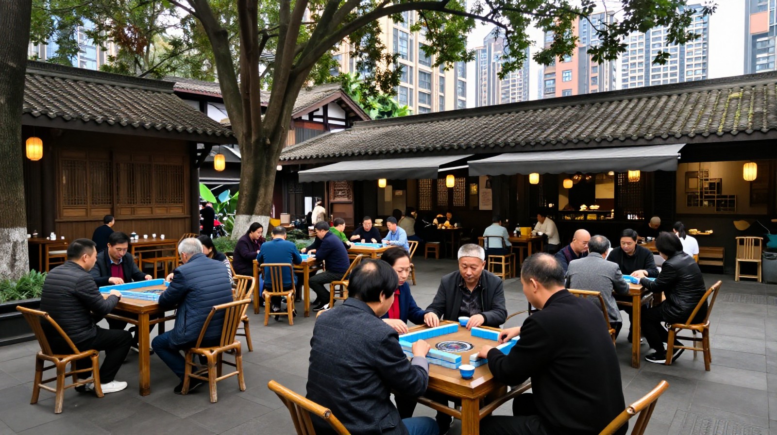Locals relaxing and playing mahjong in a traditional open-air teahouse in Chengdu with city skyline in background