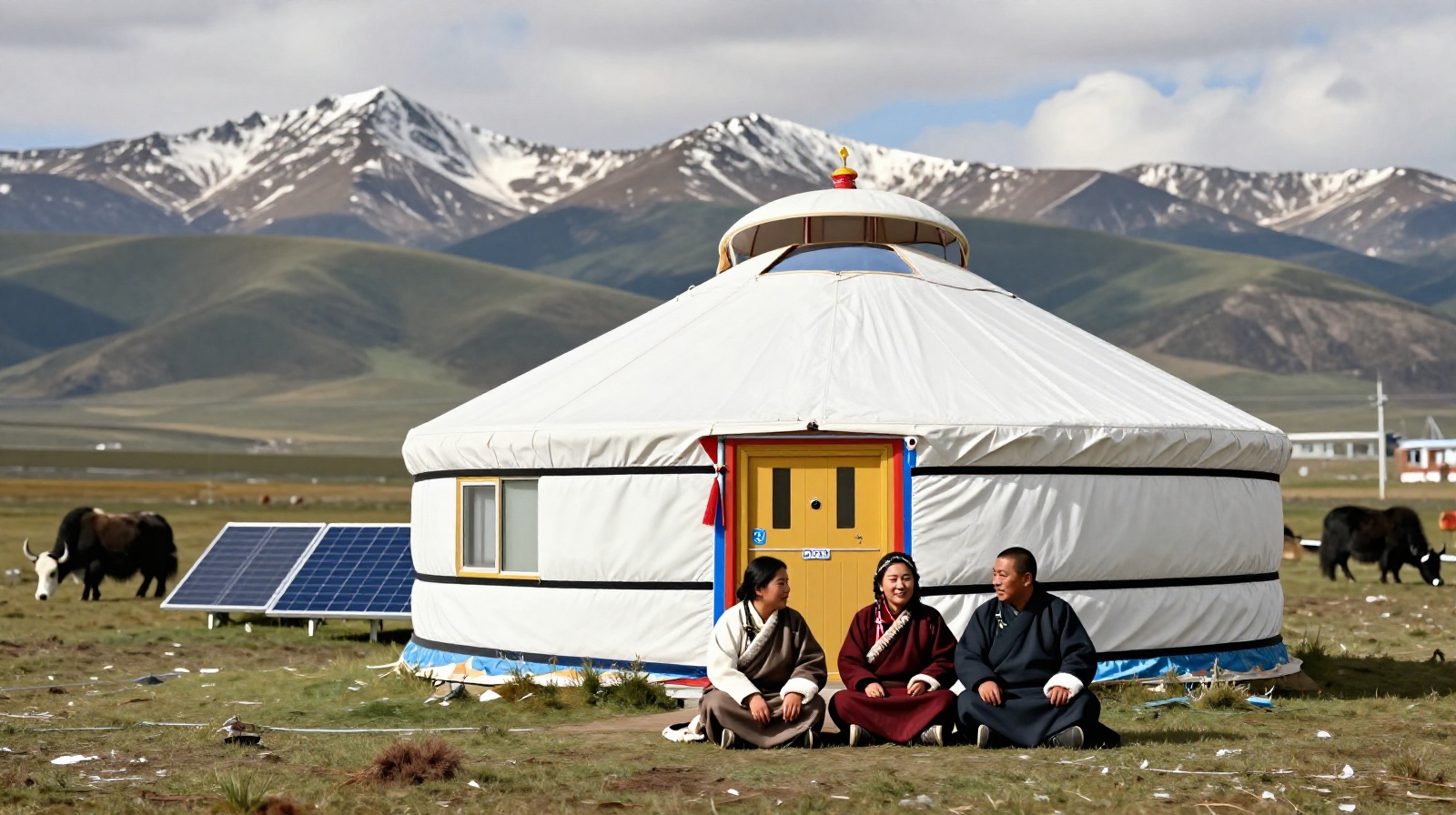 Tibetan nomads living in a modern yurt with solar panels on the Qinghai-Tibet Plateau