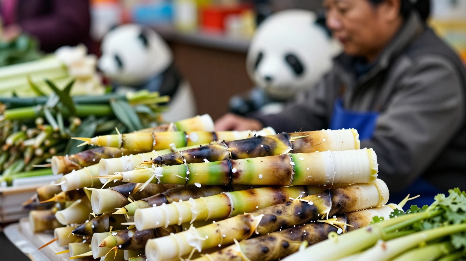 Local vendor selling fresh produce at a Sichuan market with giant panda symbol in background