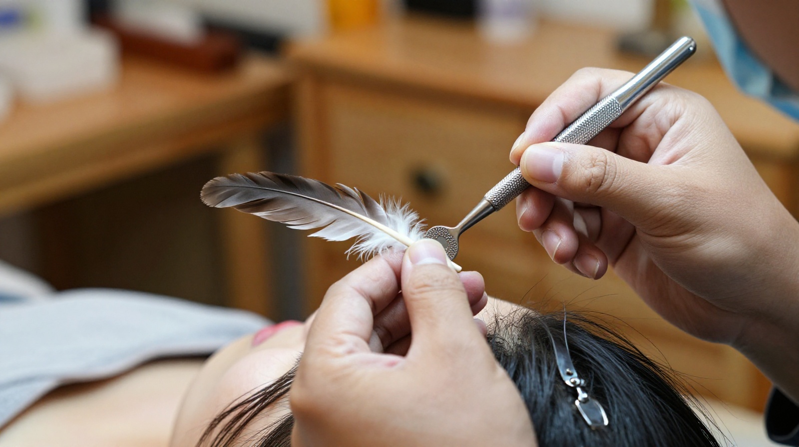 A close-up of a traditional Chinese ear cleaning (Cai Er) being performed in Chengdu using specialized tools
